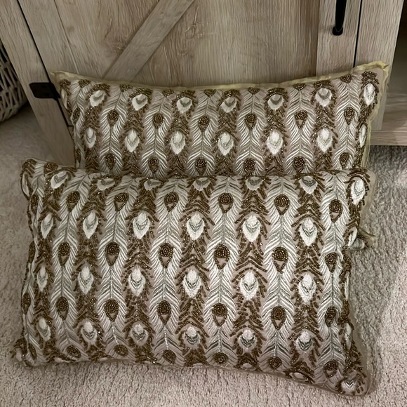 Pier 1 Other - Set of Pier 1 Gold Beaded Peacock Feather Pillows